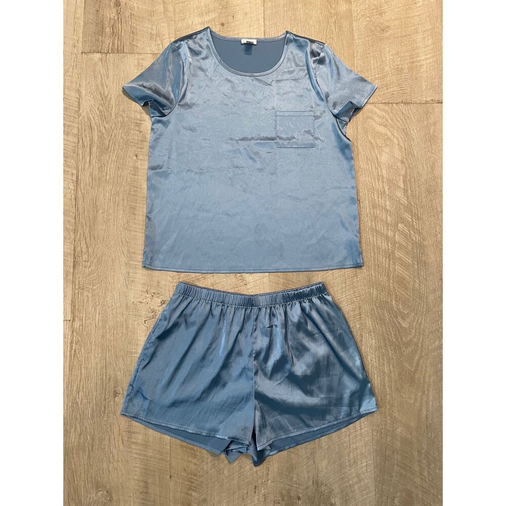 Light blue satin pajama set, size M